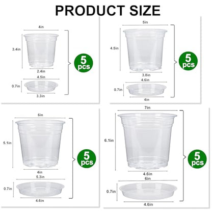 4/5/6/7 Inch 20 Pack Clear Plastic Nursery Pots with Drainage and Saucer - size: 4/5/6/7inch 20pack