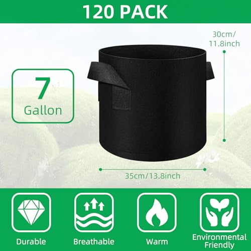 120 Pack Plant Grow Bags, 7 Gallon Felt Non-Woven Aeration Fabric Plant Grow Pots, Thickened Nonwoven Garden Pots with Handles for Fruits, Vegetables, and Flowers - size: 7 Gallons