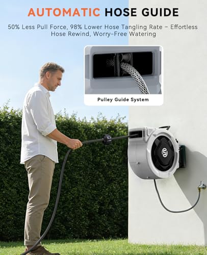 SUNPOW Retractable Garden Hose Reel - 1/2" x 100ft Wall Mounted Hose Reel with 3/4'' Brass Fitting & 10-Pattern Nozzle - Auto Slow Retraction, Any-Length Lock, 180°Swivel for Lawn & Gardening - size: 1/2" 100FT