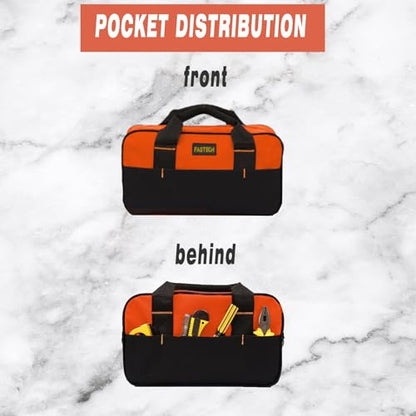 FASTECH 14 Inch Small Tool Tote Bag, Wide Mouth Zipper Bag, Waterproof Tool Organizer Bag, Multi-Pockets Wide Mouth Tool Tote For Man/Woman (Orange) - size: Orange