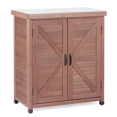 Outdoor Potting Bench with Storage Cabinet and Metal Top, Wood Workstation for Outdoor Patio, Garden (Coffee Brown, 31x17x36‘’) - color: Coffee Brown, size: 31x17x36"