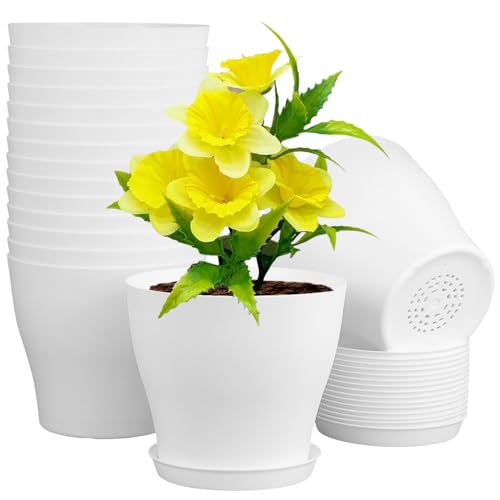 Meowell 6 inch Plastic Nursery Pots, 16 Pack Plant Pots for Small Indoor Outdoor Plants, Flower Pots with Drainage Holes and Saucers, Decorative Seedling Starter Planters for House Plants, White - color: White, size: 6inch B 16pcs