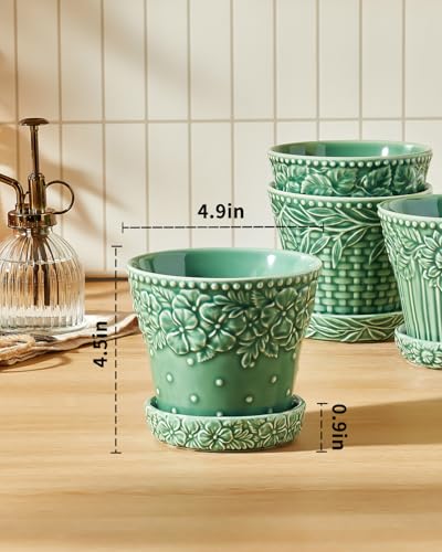 Metahom 4.9 Inch Ceramic Pots for Plants, Flower Pots Set of 4, Green Color - color: Green, size: 4.9 Inch