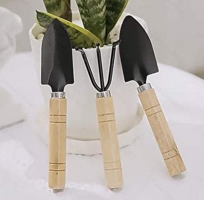 Garden Hand Tool Set, 3-Piece Mini Planting Tools with Wooden Handles, Trowel Rake and Cultivator