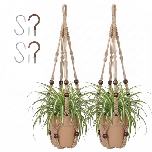 Macrame Plant Hanger 23", Set of 2 No Tassel Hanging Plant Holder Indoor, Sturdy Flower Pot Holder with Hooks - Brown (Pot NOT Included) - color: Brown, size: 23"-2pcs