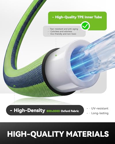 RAINPOINT Garden Hose 50FT with 10-Pattern Spray Nozzle, 60% Lighter Non-Expanding Water Hose with TPE Inner Tube, Ultra-Light Flexible Anti-Kink Hose, 800D Oxford Fabric, 450PSI Burst, 3/4" Fittings