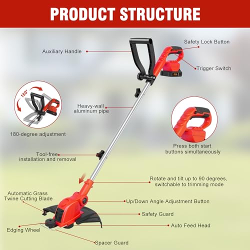 21V Electric Weed Wacker & Edger Lawn Tool Auto-Feed with 2.0Ah X 2 Battery