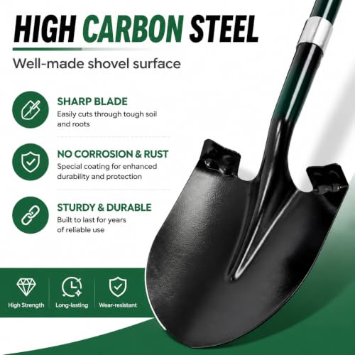 VNIMTI Heavy Duty Gardening Shovel, 56 Inch Round Blade with Fiberglass Handle (Green) - color: Green