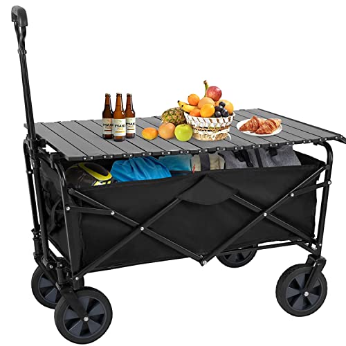 PayLessHere Garden Cart Folding Wagon Collapsible w/Foldable Table Board Universal Wheels for Camping Picnic Outdoor Event - color: Black Table Board