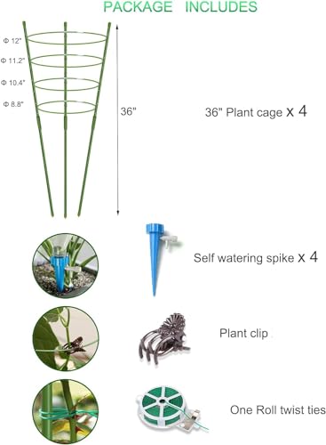 4 Pack Garden Plant Support Tomato Cage, Upgrade 36'' Trellis for Climbing Plants, Plant Trellis Kits with 4 Self Watering Spikes and 20 Plant Clips (36'') (Upcage-4T-23) - size: 36"