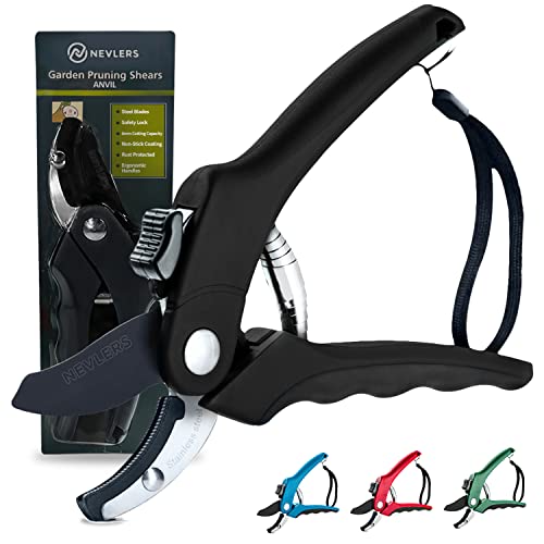 Nevlers 8" Anvil Pruning Shears Heavy Duty Garden Pruners w/ 8mm Cut Cap - color: Black, size: Anvil