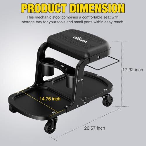 Nilight Rolling Mechanic Stool 400LBS Black with Tool Tray Cup Holder - color: Black 400lbs