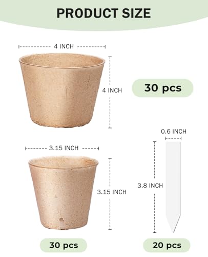homenote 60 Peat Seed Starting Pots, 3.15 and 4 Inch with 20 Plant Labels - size: 3.15+4 Inch