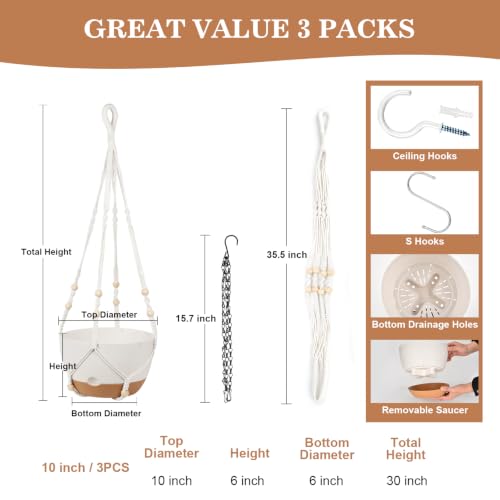 3 Pack Hanging Pot for Indoor Plants, 10inch Self-Watering Hanging Planter, Macrame Plant Hanger with Pot, Metal Chain, S & Ceiling Hooks, Removable Saucer and Drainage Holes for Garden Home - White - color: White
