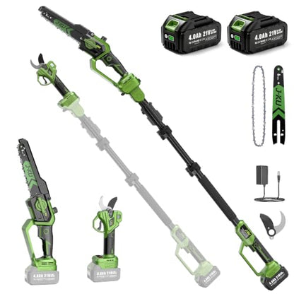 J-KU 4-in-1 Electric Pole Saw & Pruning Shears Combo, 8" & 6" Mini Chainsaw - color: Olive Green