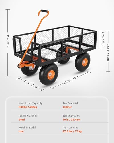 ACEKOOL Heavy Duty Steel Garden Cart, 900Lbs Capacity Garden Cart Utility Wagon with 10" All-Terrain Wheels, Removable Sides & 180° Rotating Handle for Yard, Lawn, Farm and Warehouse Outdoor Use - size: 900LBS