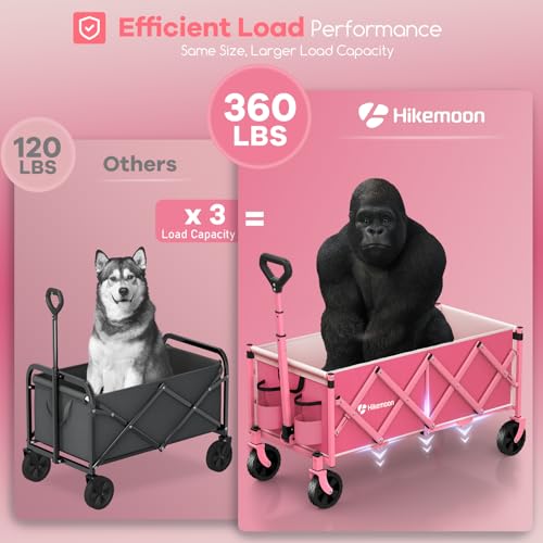 HIKEMOON 34'' Extra Long Folding Portable Wagon Cart, 120L 360LBS Pink - color: Pink