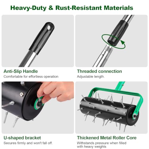 15" Rolling Lawn Aerator, Heavy Duty Push Spike Aeration Tool with 42 Spikes, Filled Pull Behind Garden Drum Roller with 71" Adjustable Handle, Soil Penetrator Push Lawn Aeration for Garden Yard Farm