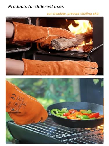 Welding Gloves,13 IN Leather Forge Fire Heat Resistant Gloves for Fireplace Fire Pit Wood Stove BBQ Gardening Gear Animal Handling
