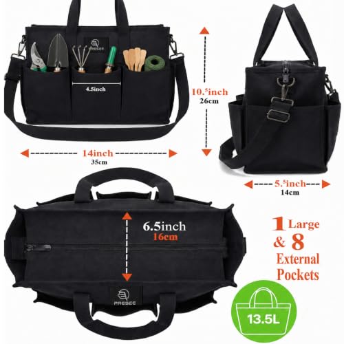Garden Tool Bag with 9 Pockets & Shoulder Strap, Heavy Duty Gardening Tote Organizer for Tools, Gloves & Supplies, Black