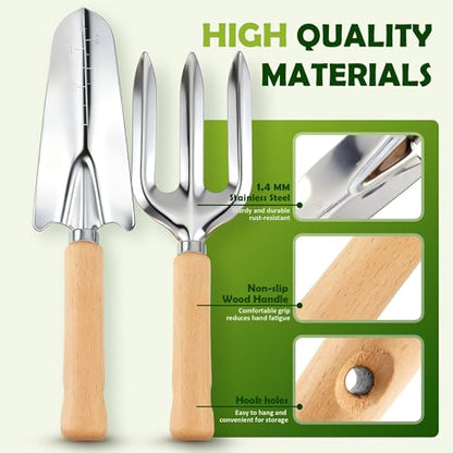 BlingKingdom 9-Piece Garden Tools Set, Stainless Steel Gardening Hand Tool Kit with Tote Bag Easy Storage Perfect Gardening Gifts for Beginners, Women and Men