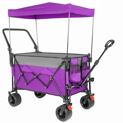 Folding Wagon Cart with Removable Canopy 480LBS Utility Cart on Wheels - color: Purple Canopy