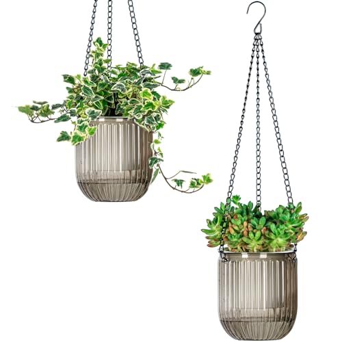 Josteve 4.5 Inch 2 Pcs Self Watering Hanging Planter Indoor Plant Pots Drainage Holes, Outdoor Small Hanging Planters Flower Pot Basket, Visible Water Level, Plant Hanger Home Decor, Gardening - color: Gray, size: 2*4.5 inch