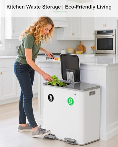 Lovewind 2×11.5 Gallon Dual Trash Can, Stainless Steel Dual Garbage and Recycling Can with Foot Pedal, 90° Stay-Open Lid, Pet-Proof Design – Large Dual Compartment Trash Recycling Bins Kitchen, White - color: White, size: 23 Gallon
