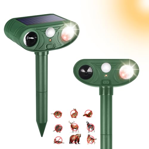 Solar Ultrasonic Animal Repellent Outdoor with Motion Sensor Strobe Light - color: 2PCS white and Red lights flashing