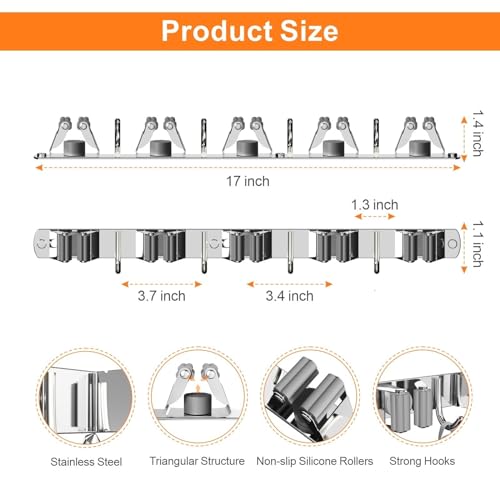 2 Pack Mop and Broom Holder Wall Mount for Kitchen Garage Laundry Room - color: Silver, size: 2 Pack 5 Racks with 4 Hooks