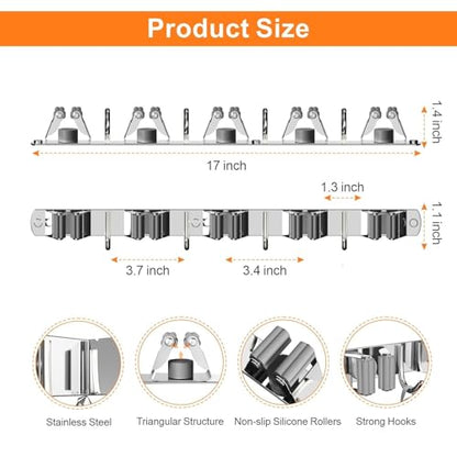 2 Pack Mop and Broom Holder Wall Mount for Kitchen Garage Laundry Room - color: Silver, size: 2 Pack 5 Racks with 4 Hooks
