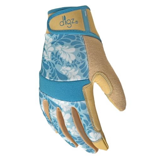 Digz Gardening Gloves, Garden Gloves for Women - color: Blue Leaves Pattern, size: Medium
