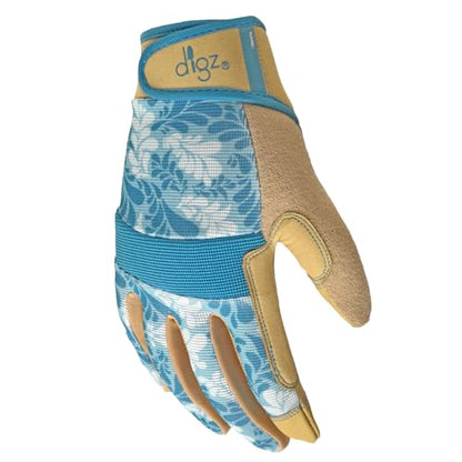Digz Gardening Gloves, Garden Gloves for Women - color: Blue Leaves Pattern, size: Medium