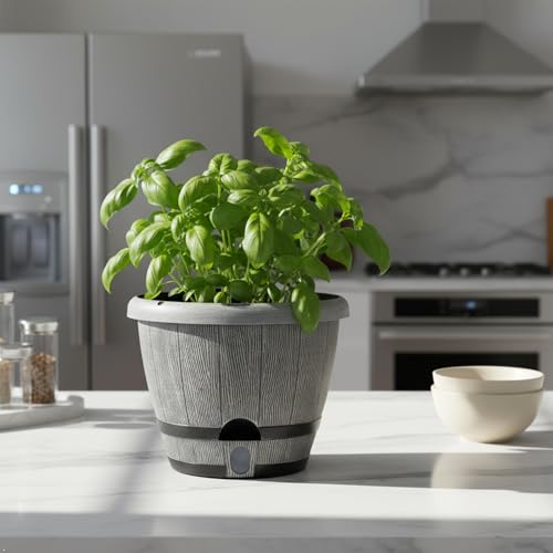 Sun-E 10" Self-Watering Whiskey Barrel Planter 3 Pack for Indoor Outdoor - color: White Wooden Grain