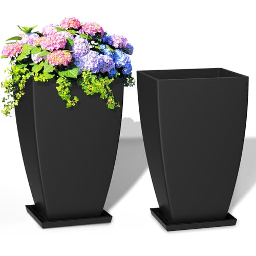 21" Tall Outdoor Planters Set of 2,Front Porch Planter Pots with Drainage Design Holes for Patio, Porch, Garden, Indoor,Black - color: Black