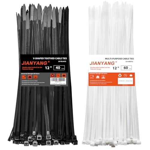 Zip Ties Heavy Duty 12+12 inch,V-Shaped Toothed Double Sided With 200 LBS Tensile Strength Cable Ties ，Extra Large Wire Ties Adjustable Nylon Tie Wraps for Indoor Outdoor Black and White（100 Pack） - size: 12+12 inch 100 Pack （120-200 Lbs ）
