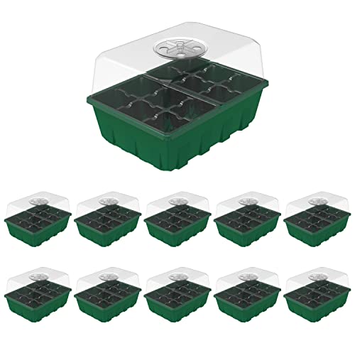 Gardzen 10 Pack Seed Starter Trays with Dome and Green Base 120 Cell - size: 12-Cell Clear 10-Pack