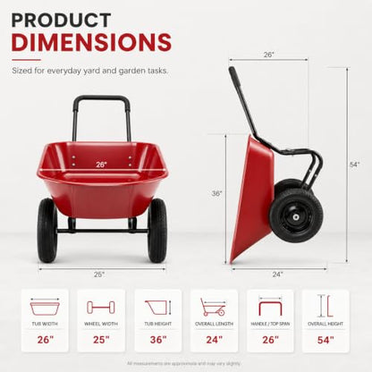 Enlarged Dual-Wheel Wheelbarrow, Easy Loading and Dumping Garden Cart, Heavy Duty Utility Dump Cart for Lawn, Yard, Farm, Gardening & Planting (Red) - color: Red