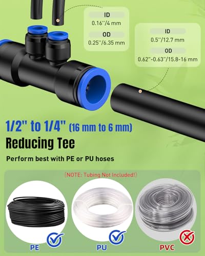 Pawfly 12 Pcs Quick Connect 1/2" to 1/4" Drip Irrigation Fittings for 1/2" Tubing (0.62-0.63" OD), Push-to-Fit 4-Way Reducing Tees Reducer Tee Connectors, Anti-Leak Drip Irrigation Tee Fittings - size: 12 Pcs 4-Way Reducing Tees Reducer Tee Connectors