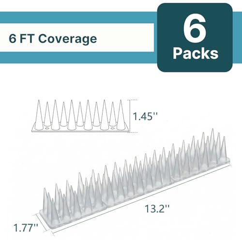 Bird & Animal Deterrent Spikes, 6 Packs Outdoor Plastic Spike Strips for Roof, Ledges, Fence, Walls & Railing, Humane Squirrel, Raccoon & Pigeon Barrier, 6 FT Coverage, White - color: White, size: 6 FT Coverage