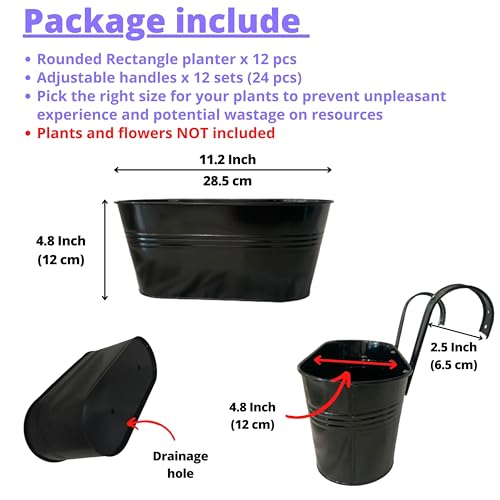 LaLaGreen Outdoor Plants Rail Planter (11.2 Inch, 12 Pack) Black Metal Iron Hanging Flower Pots Deck Railings Fence Buckets Modern Boho Style Wall Mount Window Box Plant Holder Hooks Porch Home Decor - size: 11.2" (28cm) x 12 Pack