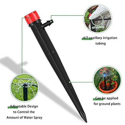 Mudder 100 Pcs 5.2 Inches Drip Irrigation Emitters for 1/4 Inch Drip Irrigation Tubing 360 Degree Adjustable with Arrow Stake Fan Sprayer for Garden Watering System