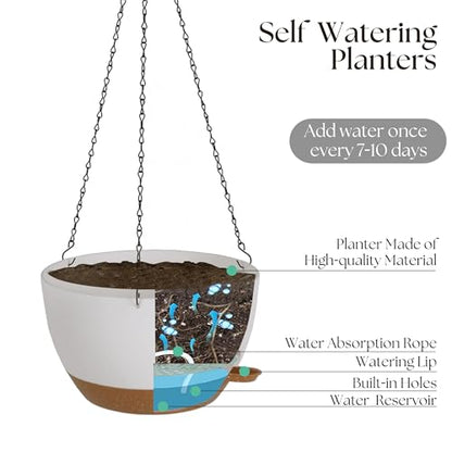TYMENSH Hanging Plant Pots 12 Inch Set of 2, Self Watering, Drainage Holes, Removable Saucer, Durable Plastic with Chains, Indoor Outdoor, White - color: White
