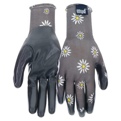 Mud Grip Women's Daisy Printed Polyester Shell and Flat Nitrile Coated Palm Gardening Gloves, - color: Gray, size: Medium/Large (Pack of 1)