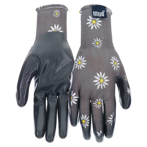 Mud Grip Women's Daisy Printed Polyester Shell and Flat Nitrile Coated Palm Gardening Gloves, - color: Gray, size: Medium/Large (Pack of 1)