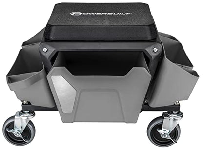 Powerbuilt Rolling Work Seat Brake Stool with 4-inch Rubber Lockable Wheels, Big Seating Platform, Tool Trays and Drawer 330 lb. Capacity, Mechanics, Gardening, Garage - 941881ECE, Grey - size: Compact with Seat Cushion