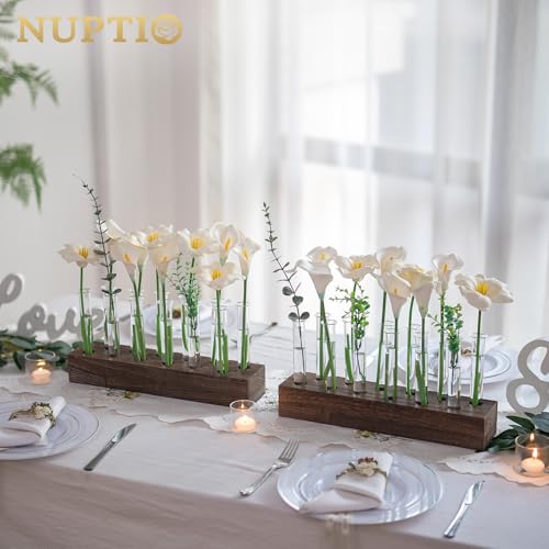 NUPTIO Vase Wedding Centerpiece, 15" Long Wood Base and 12 Pcs Test Tube