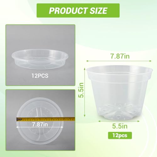 Garvee 12 Pack 8 in Clear Nursery Pots for Plants with Saucers, Thickened Plastic Plant Pots with Drainage Holes, Transparent Seeding Start Planters for Indoor Outdoor