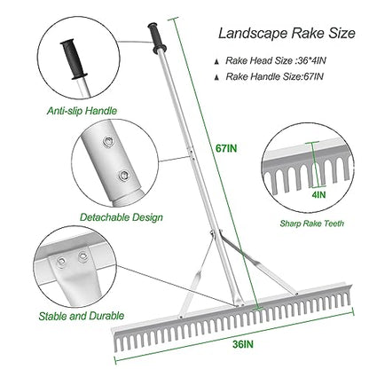 Landscape Rake, 36" Head Aluminum Lake Weed Rake for Lawns Lake Garden Pond