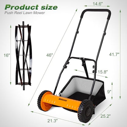 Walensee 16-Inch 5-Blade Push Reel Lawn Mower, Cordless Manual Reel Lawn Mower Walk-Behind Steel Lawn Mowers with Removable 7.9-Gallon Grass Catcher, Sponge Grip, 4-Position Cutting Height Adjustment - size: 16-Inch With Catcher